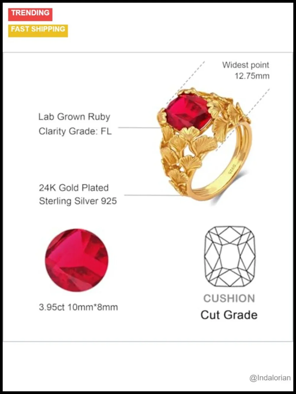 Ginkgo Leaf 3.95ct Lab Grown Ruby Ring 24K Gold Plated Sterling Silver